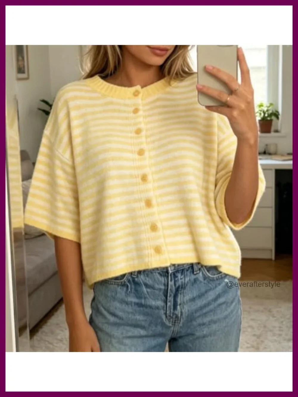 Women's Short Sleeve Stripe Knit Cardigan Preppy Button Front Crew Neck